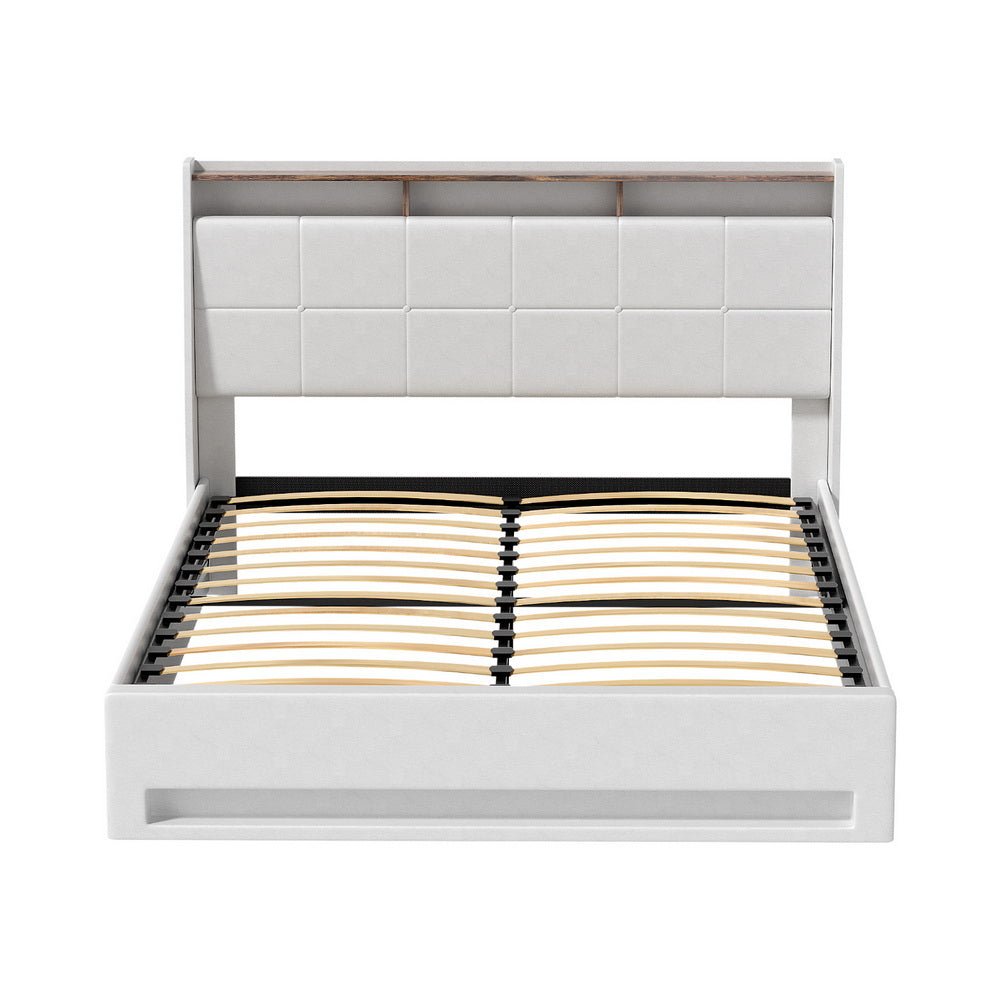 Bed Frame Gas Lift LED Beds Base Platform White PVC Leather Storage Headboard - Double - Furniture > Bedroom > Beds & Bed Frames - Rivercity House & Home Co. (ABN 18 642 972 209) - Affordable Modern Furniture Australia