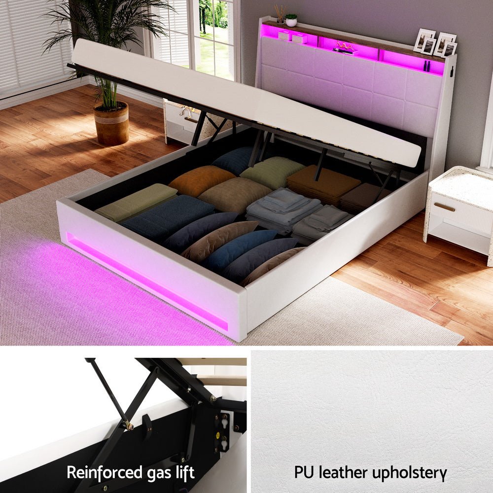 Bed Frame Gas Lift LED Beds Base Platform White PVC Leather Storage Headboard - Double - Furniture > Bedroom > Beds & Bed Frames - Rivercity House & Home Co. (ABN 18 642 972 209) - Affordable Modern Furniture Australia