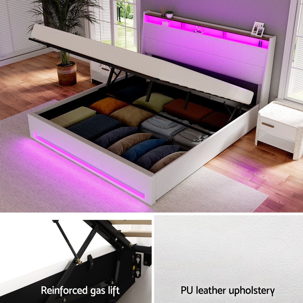 Bed Frame Gas Lift LED Beds Base Platform White PVC Leather Storage Headboard - King - Furniture > Bedroom > Beds & Bed Frames - Rivercity House & Home Co. (ABN 18 642 972 209) - Affordable Modern Furniture Australia