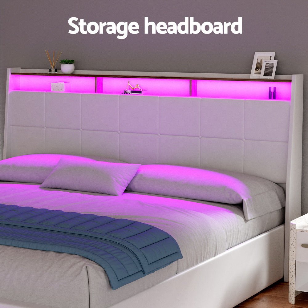 Bed Frame Gas Lift LED Beds Base Platform White PVC Leather Storage Headboard - King - Furniture > Bedroom > Beds & Bed Frames - Rivercity House & Home Co. (ABN 18 642 972 209) - Affordable Modern Furniture Australia