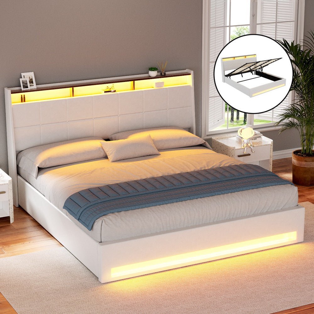 Bed Frame Gas Lift LED Beds Base Platform White PVC Leather Storage Headboard - King - Furniture > Bedroom > Beds & Bed Frames - Rivercity House & Home Co. (ABN 18 642 972 209) - Affordable Modern Furniture Australia
