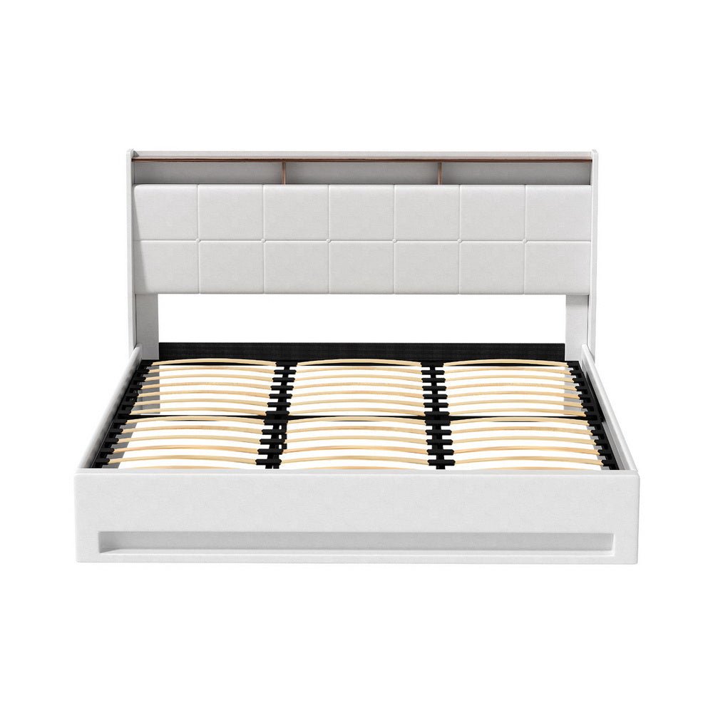 Bed Frame Gas Lift LED Beds Base Platform White PVC Leather Storage Headboard - King - Furniture > Bedroom > Beds & Bed Frames - Rivercity House & Home Co. (ABN 18 642 972 209) - Affordable Modern Furniture Australia