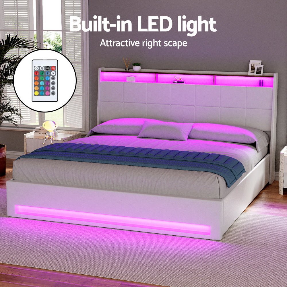 Bed Frame Gas Lift LED Beds Base Platform White PVC Leather Storage Headboard - King - Furniture > Bedroom > Beds & Bed Frames - Rivercity House & Home Co. (ABN 18 642 972 209) - Affordable Modern Furniture Australia