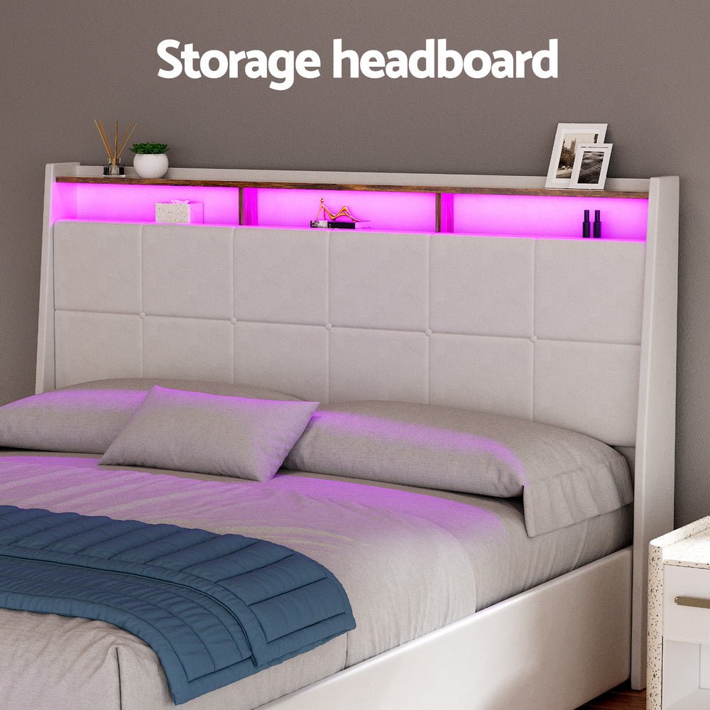 Bed Frame Gas Lift LED Beds Base Platform White PVC Leather Storage Headboard - Queen - Furniture > Bedroom > Beds & Bed Frames - Rivercity House & Home Co. (ABN 18 642 972 209) - Affordable Modern Furniture Australia