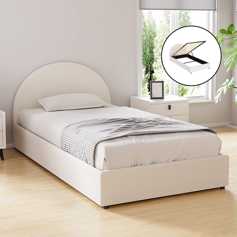 Bed Frame Gas Lift Strorage Beds Base Platform Boucle Fabric King Single ELLA - Furniture > Bedroom > Beds & Bed Frames - Rivercity House & Home Co. (ABN 18 642 972 209) - Affordable Modern Furniture Australia
