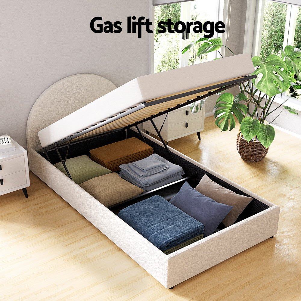 Bed Frame Gas Lift Strorage Beds Base Platform Boucle Fabric King Single ELLA - Furniture > Bedroom > Beds & Bed Frames - Rivercity House & Home Co. (ABN 18 642 972 209) - Affordable Modern Furniture Australia