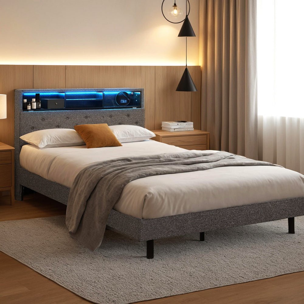 Bed Frame King Single Size LED Mattress Base Platform with Storage Shelf Hidden Storage Box Grey - Furniture > Bedroom > Beds & Bed Frames - Rivercity House & Home Co. (ABN 18 642 972 209) - Affordable Modern Furniture Australia