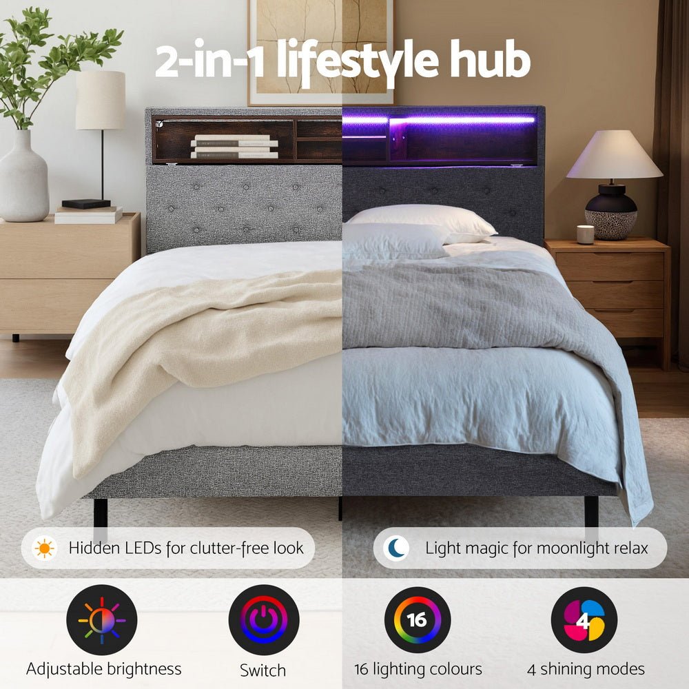Bed Frame King Single Size LED Mattress Base Platform with Storage Shelf Hidden Storage Box Grey - Furniture > Bedroom > Beds & Bed Frames - Rivercity House & Home Co. (ABN 18 642 972 209) - Affordable Modern Furniture Australia