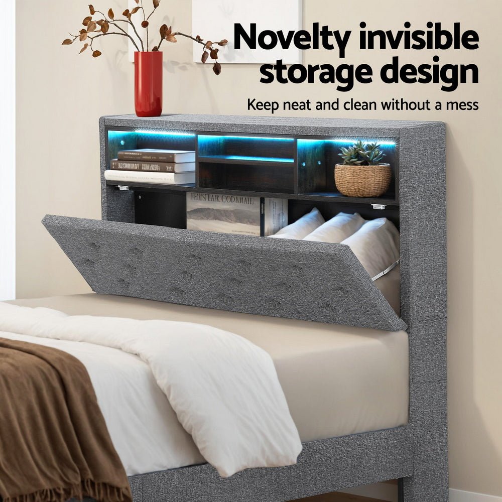 Bed Frame King Single Size LED Mattress Base Platform with Storage Shelf Hidden Storage Box Grey - Furniture > Bedroom > Beds & Bed Frames - Rivercity House & Home Co. (ABN 18 642 972 209) - Affordable Modern Furniture Australia