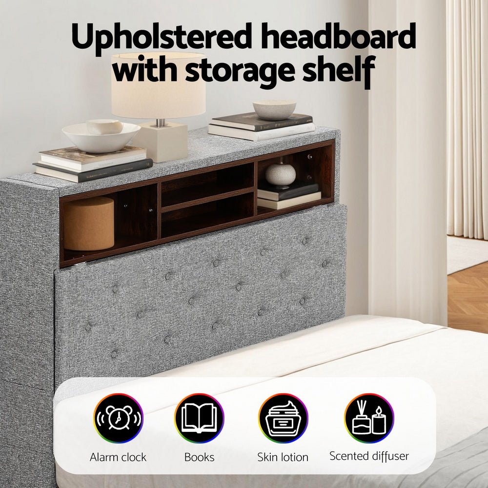 Bed Frame King Single Size LED Mattress Base Platform with Storage Shelf Hidden Storage Box Grey - Furniture > Bedroom > Beds & Bed Frames - Rivercity House & Home Co. (ABN 18 642 972 209) - Affordable Modern Furniture Australia