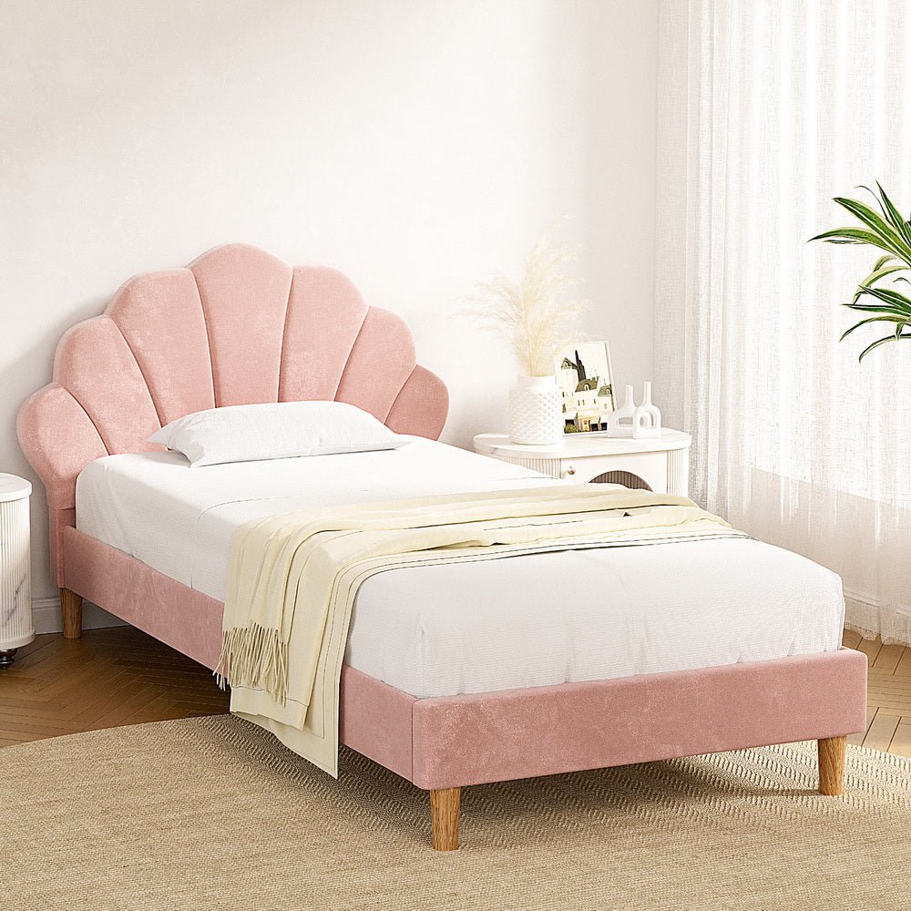 Bed Frame King Single Size Scallop - Shape Bedhead Beds Base Pink Velvet Fabric - Furniture > Bedroom > Beds & Bed Frames - Rivercity House & Home Co. (ABN 18 642 972 209) - Affordable Modern Furniture Australia