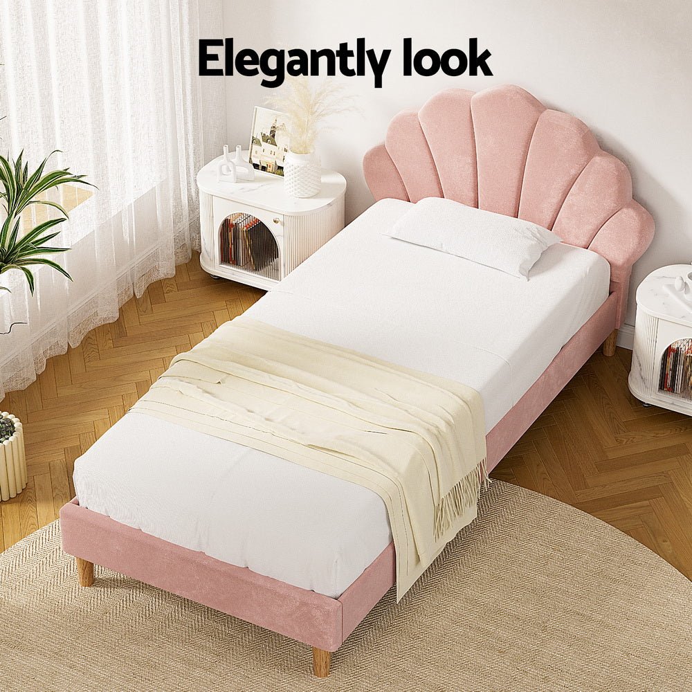 Bed Frame King Single Size Scallop - Shape Bedhead Beds Base Pink Velvet Fabric - Furniture > Bedroom > Beds & Bed Frames - Rivercity House & Home Co. (ABN 18 642 972 209) - Affordable Modern Furniture Australia