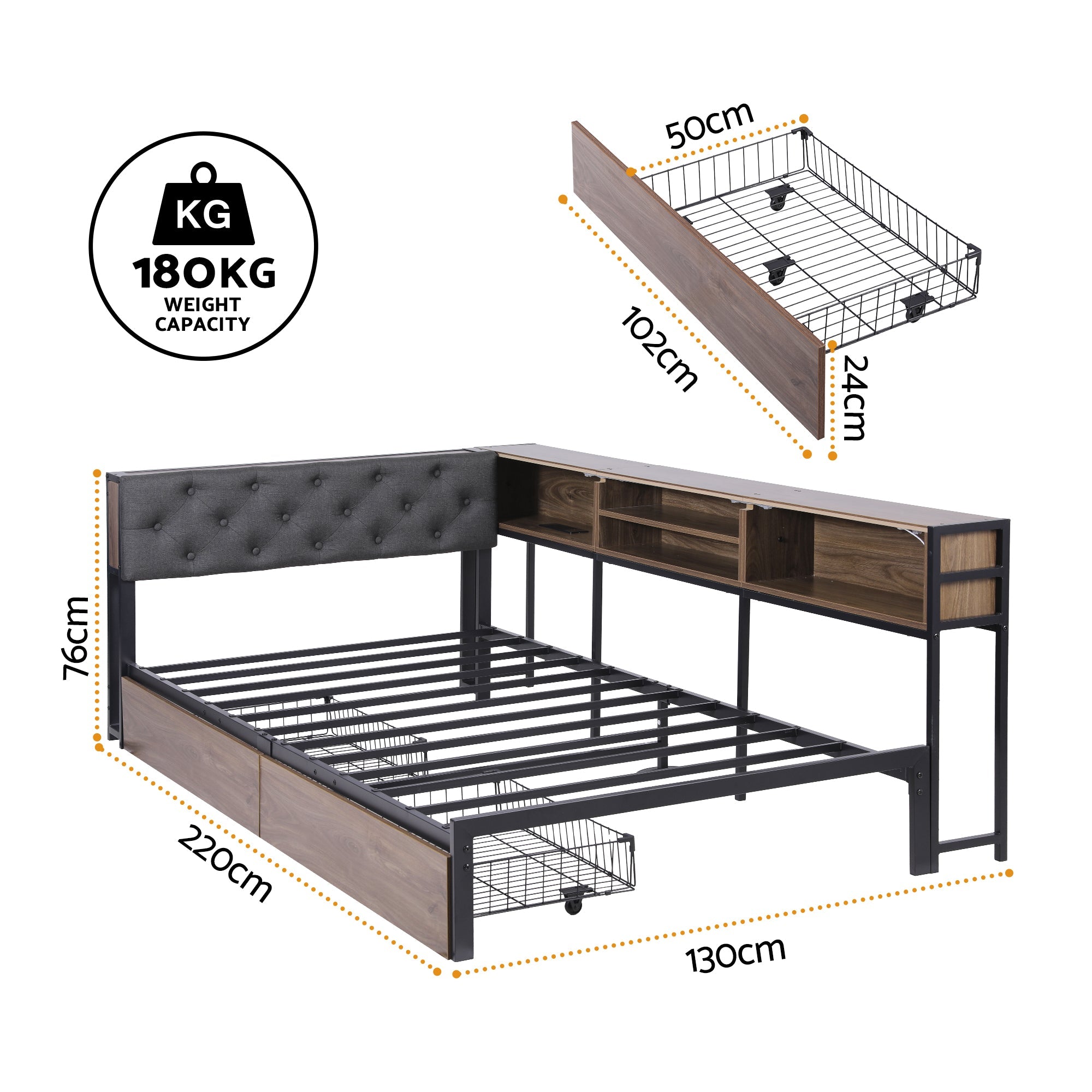Bed Frame King Single Size with 2 Drawers and Charging Station Metal Corner Bed Base - Furniture > Bedroom > Beds & Bed Frames - Rivercity House & Home Co. (ABN 18 642 972 209) - Affordable Modern Furniture Australia