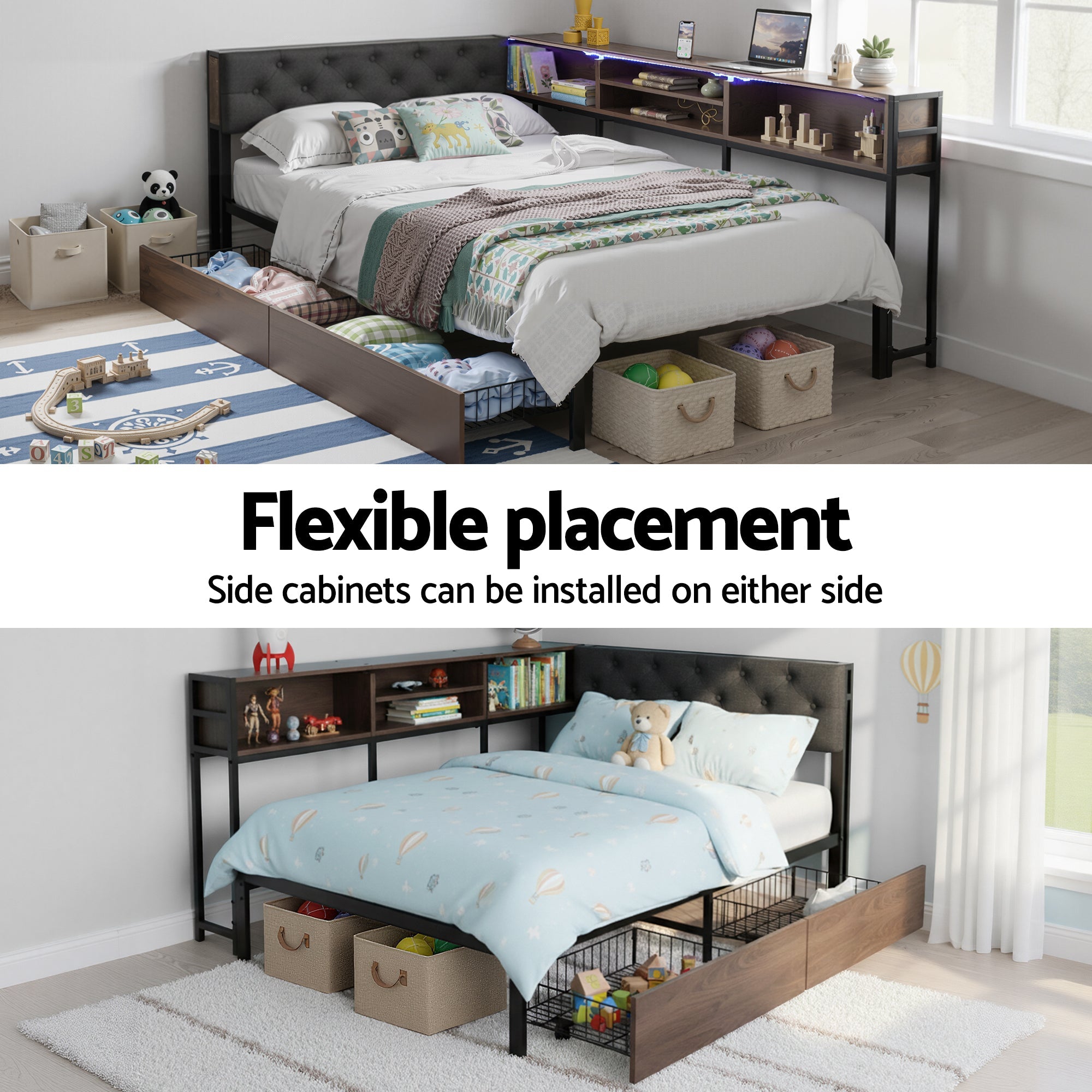 Bed Frame King Single Size with 2 Drawers and Charging Station Metal Corner Bed Base - Furniture > Bedroom > Beds & Bed Frames - Rivercity House & Home Co. (ABN 18 642 972 209) - Affordable Modern Furniture Australia
