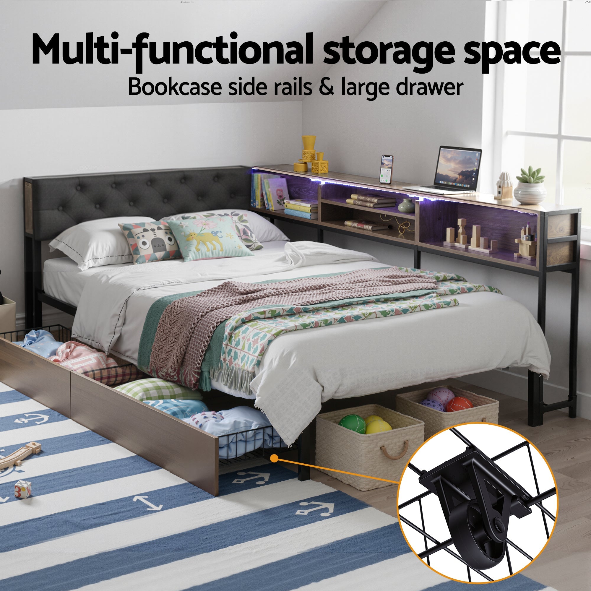 Bed Frame King Single Size with 2 Drawers and Charging Station Metal Corner Bed Base - Furniture > Bedroom > Beds & Bed Frames - Rivercity House & Home Co. (ABN 18 642 972 209) - Affordable Modern Furniture Australia