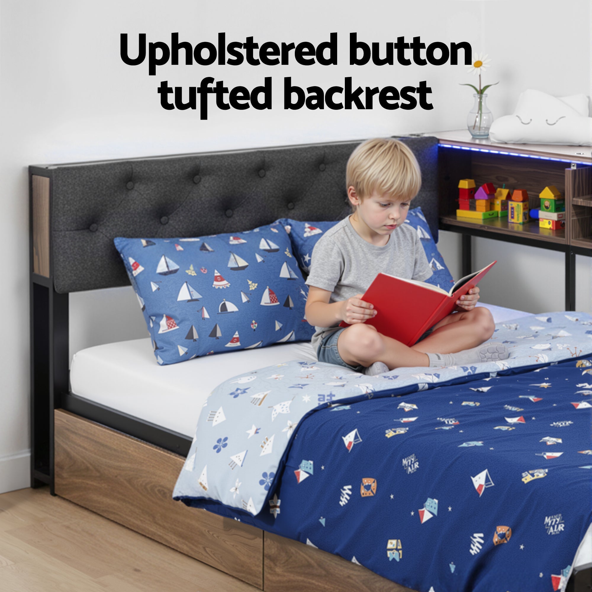 Bed Frame King Single Size with 2 Drawers and Charging Station Metal Corner Bed Base - Furniture > Bedroom > Beds & Bed Frames - Rivercity House & Home Co. (ABN 18 642 972 209) - Affordable Modern Furniture Australia