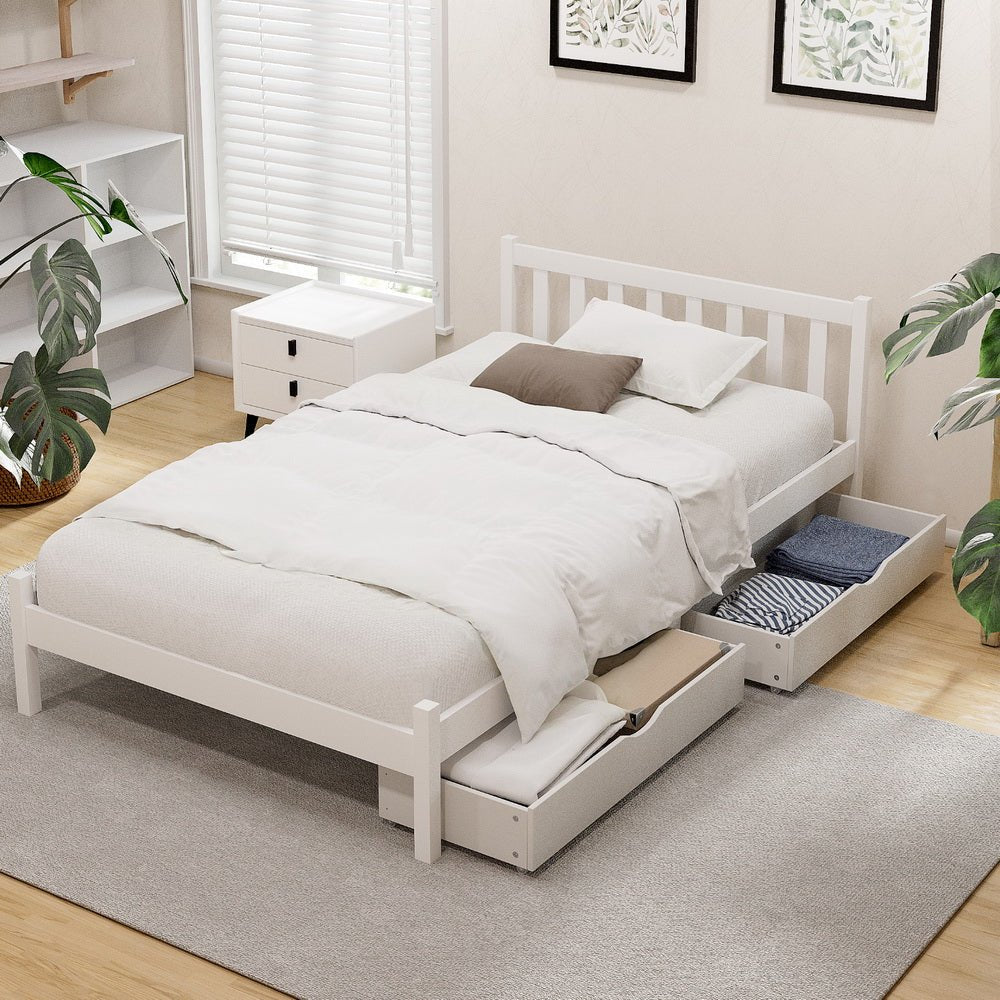 Bed Frame King Single Size Wooden Platform with 2 Storage Drawers White - Furniture > Bedroom > Beds & Bed Frames - Rivercity House & Home Co. (ABN 18 642 972 209) - Affordable Modern Furniture Australia
