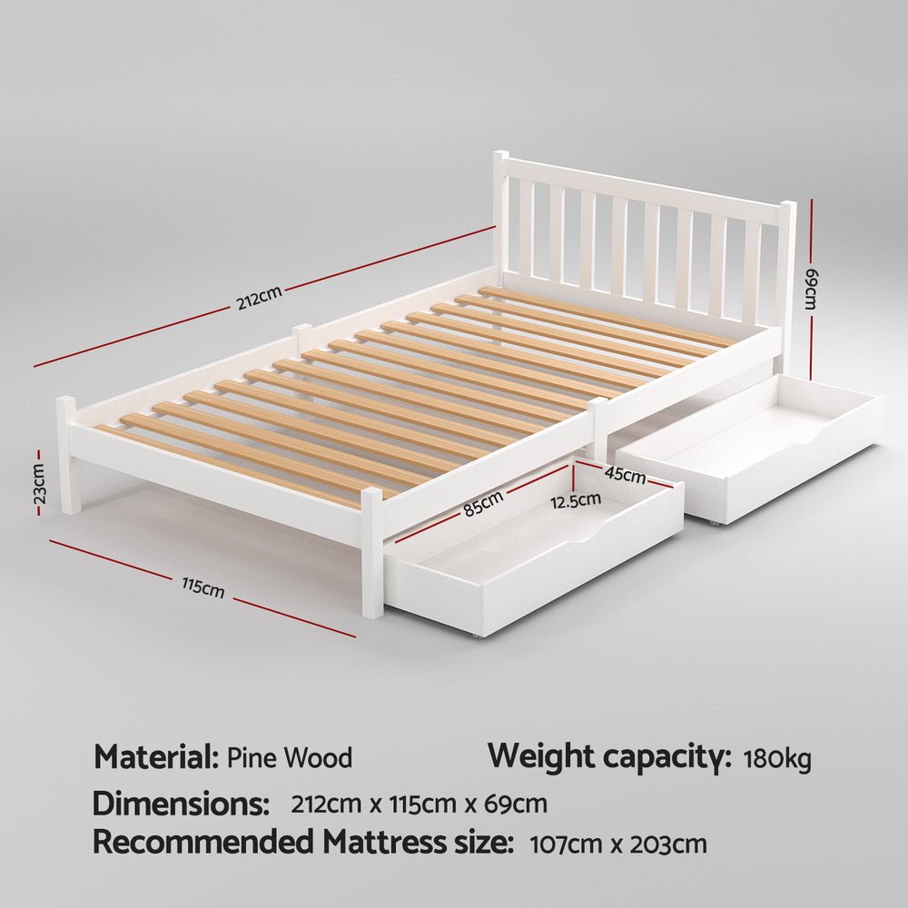 Bed Frame King Single Size Wooden Platform with 2 Storage Drawers White - Furniture > Bedroom > Beds & Bed Frames - Rivercity House & Home Co. (ABN 18 642 972 209) - Affordable Modern Furniture Australia