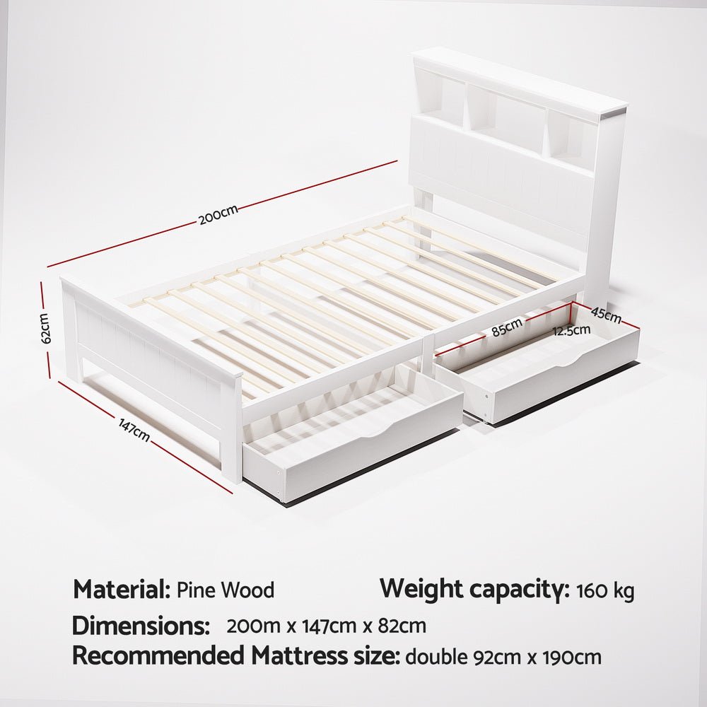 Bed Frame King Single Size Wooden with 2 Storage Drawers White - Furniture > Bedroom > Beds & Bed Frames - Rivercity House & Home Co. (ABN 18 642 972 209) - Affordable Modern Furniture Australia