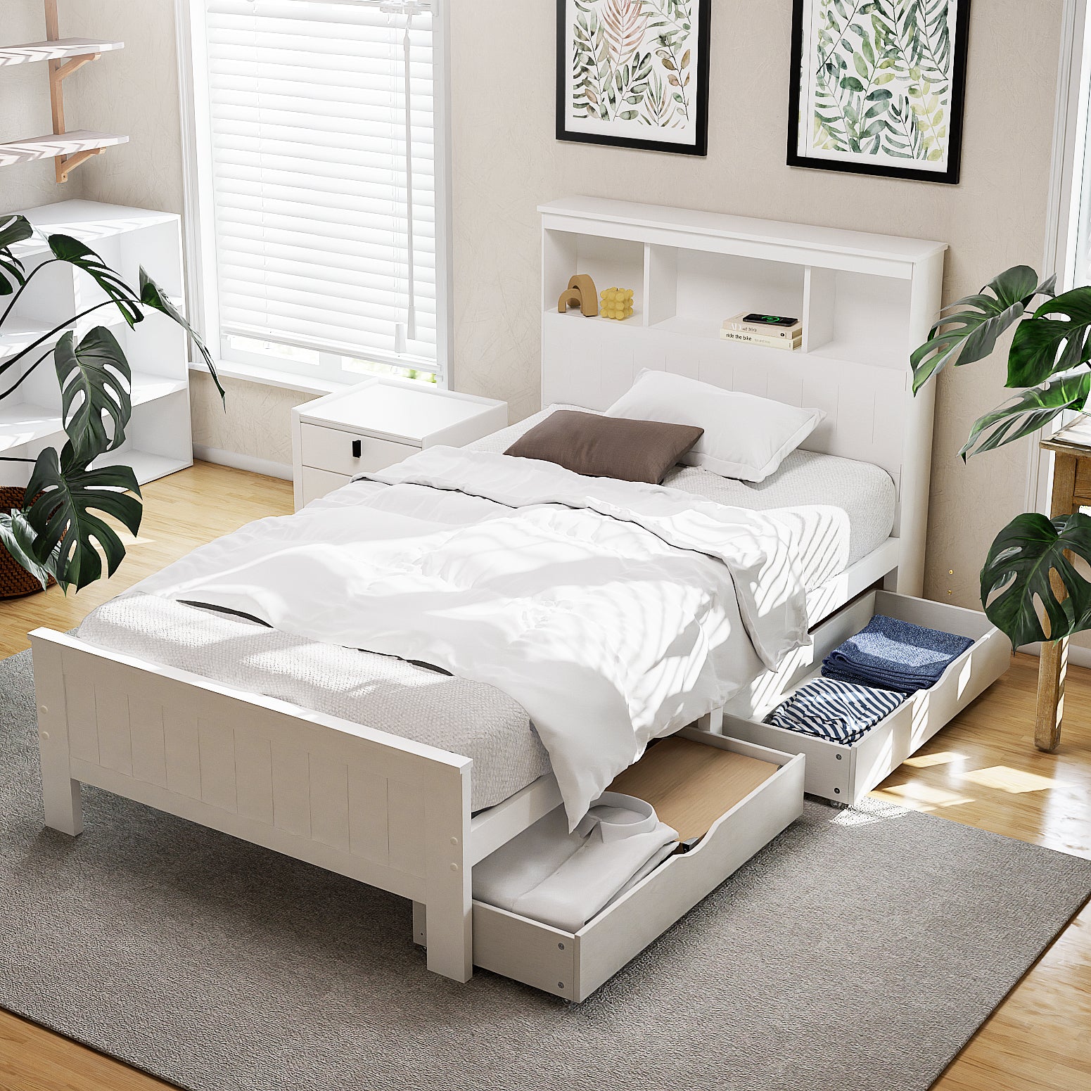 Bed Frame King Single Size Wooden with 2 Storage Drawers White - Furniture > Bedroom > Beds & Bed Frames - Rivercity House & Home Co. (ABN 18 642 972 209) - Affordable Modern Furniture Australia