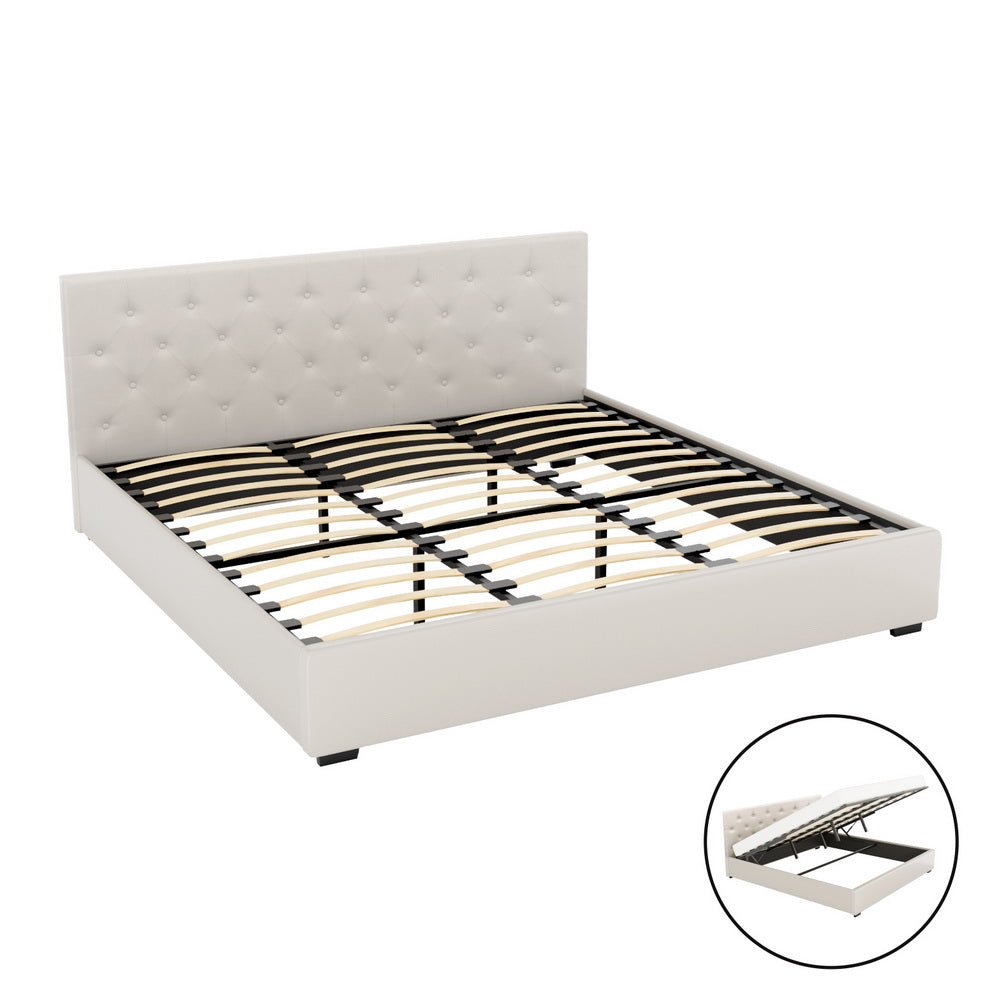 Bed Frame King Size Gas Lift Beige VILA - Furniture > Bedroom > Beds & Bed Frames - Rivercity House & Home Co. (ABN 18 642 972 209) - Affordable Modern Furniture Australia