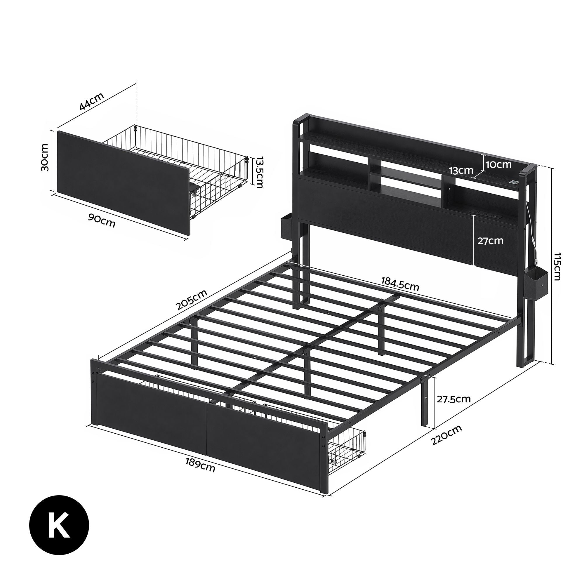 Bed Frame King with Charging Station Storage Organizer Drawers LED ZAC - Furniture > Bedroom > Beds & Bed Frames - Rivercity House & Home Co. (ABN 18 642 972 209) - Affordable Modern Furniture Australia