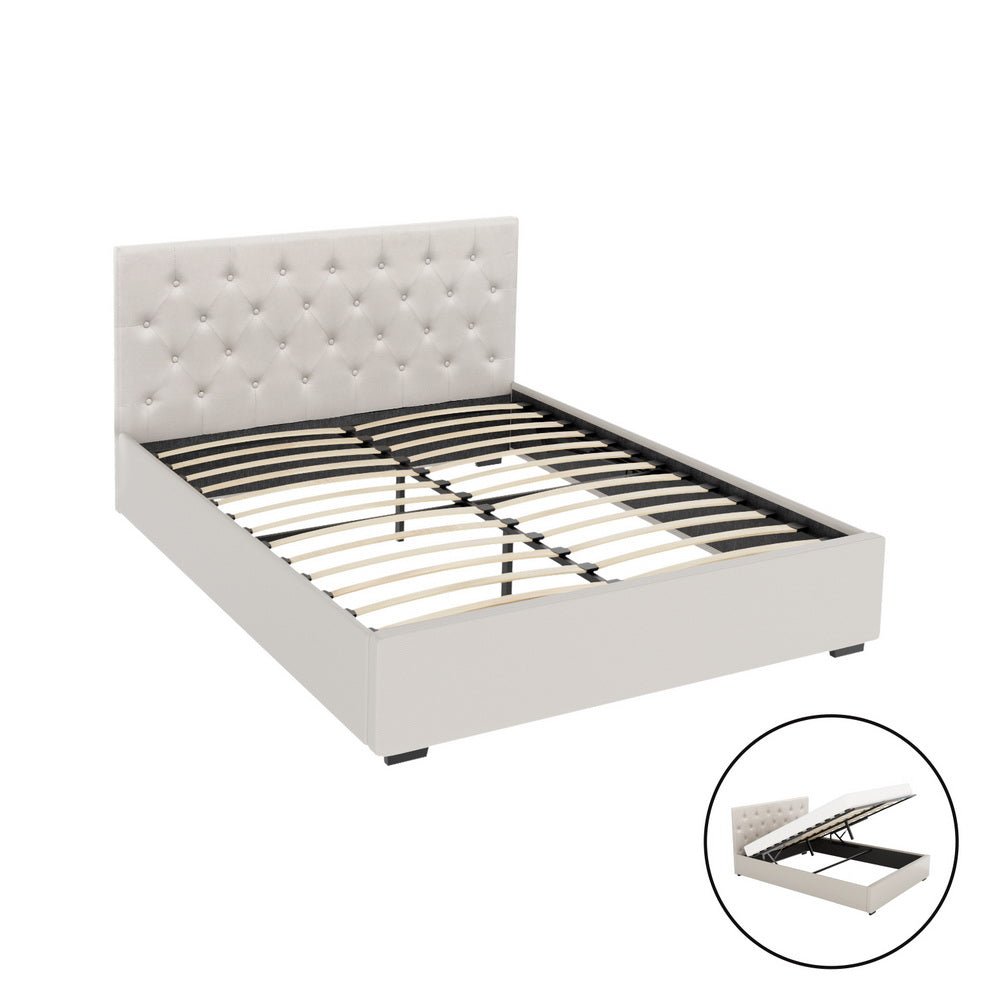 Bed Frame Queen Size Gas Lift Beige VILA - Furniture > Bedroom > Beds & Bed Frames - Rivercity House & Home Co. (ABN 18 642 972 209) - Affordable Modern Furniture Australia