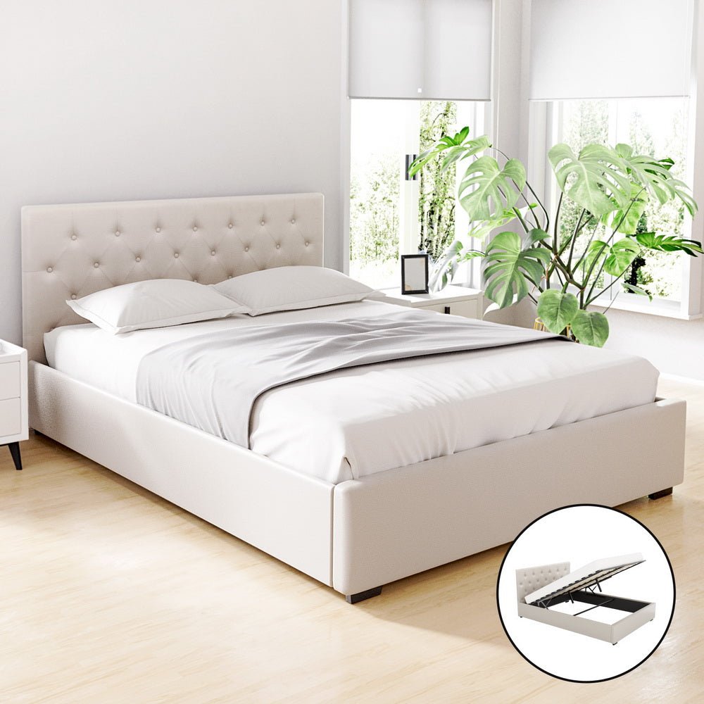 Bed Frame Queen Size Gas Lift Beige VILA - Furniture > Bedroom > Beds & Bed Frames - Rivercity House & Home Co. (ABN 18 642 972 209) - Affordable Modern Furniture Australia