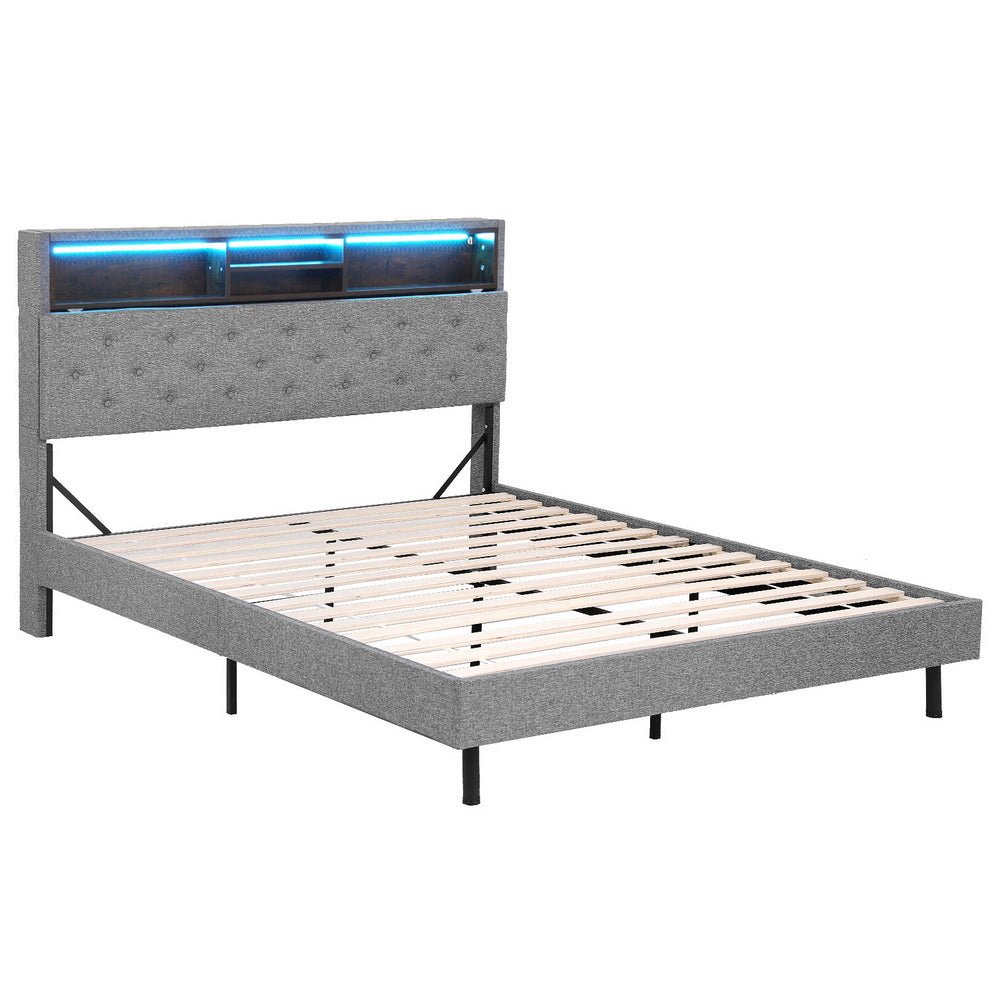 Bed Frame Queen Size LED Mattress Base Platform with Storage Shelf Hidden Storage Box Grey - Furniture > Bedroom > Beds & Bed Frames - Rivercity House & Home Co. (ABN 18 642 972 209) - Affordable Modern Furniture Australia