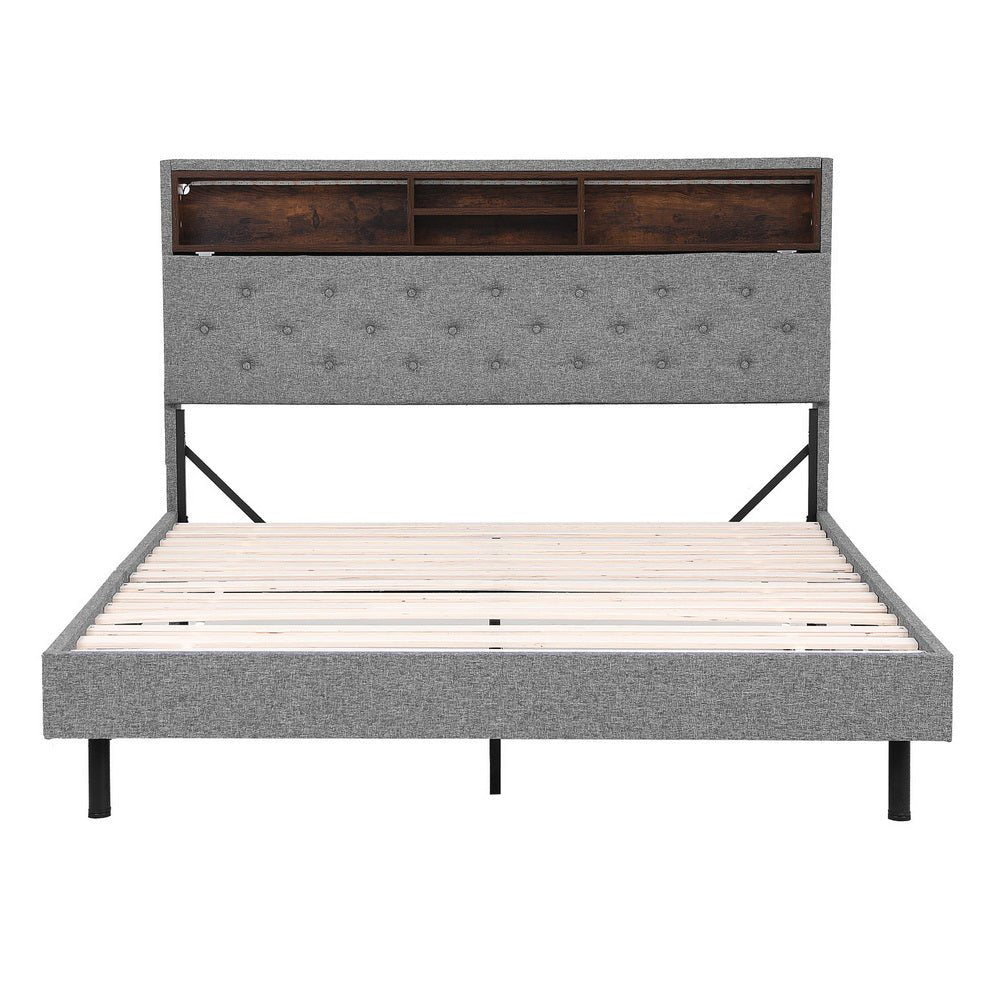 Bed Frame Queen Size LED Mattress Base Platform with Storage Shelf Hidden Storage Box Grey - Furniture > Bedroom > Beds & Bed Frames - Rivercity House & Home Co. (ABN 18 642 972 209) - Affordable Modern Furniture Australia