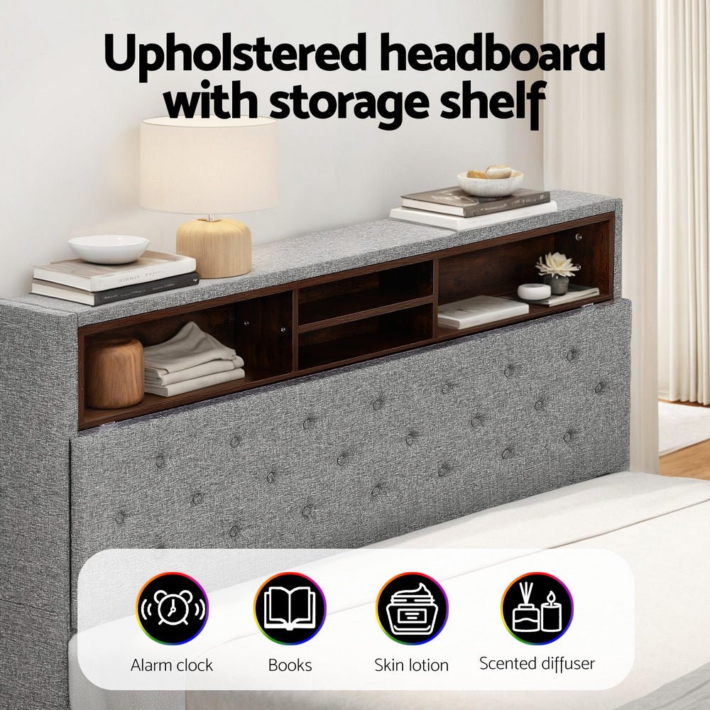 Bed Frame Queen Size LED Mattress Base Platform with Storage Shelf Hidden Storage Box Grey - Furniture > Bedroom > Beds & Bed Frames - Rivercity House & Home Co. (ABN 18 642 972 209) - Affordable Modern Furniture Australia