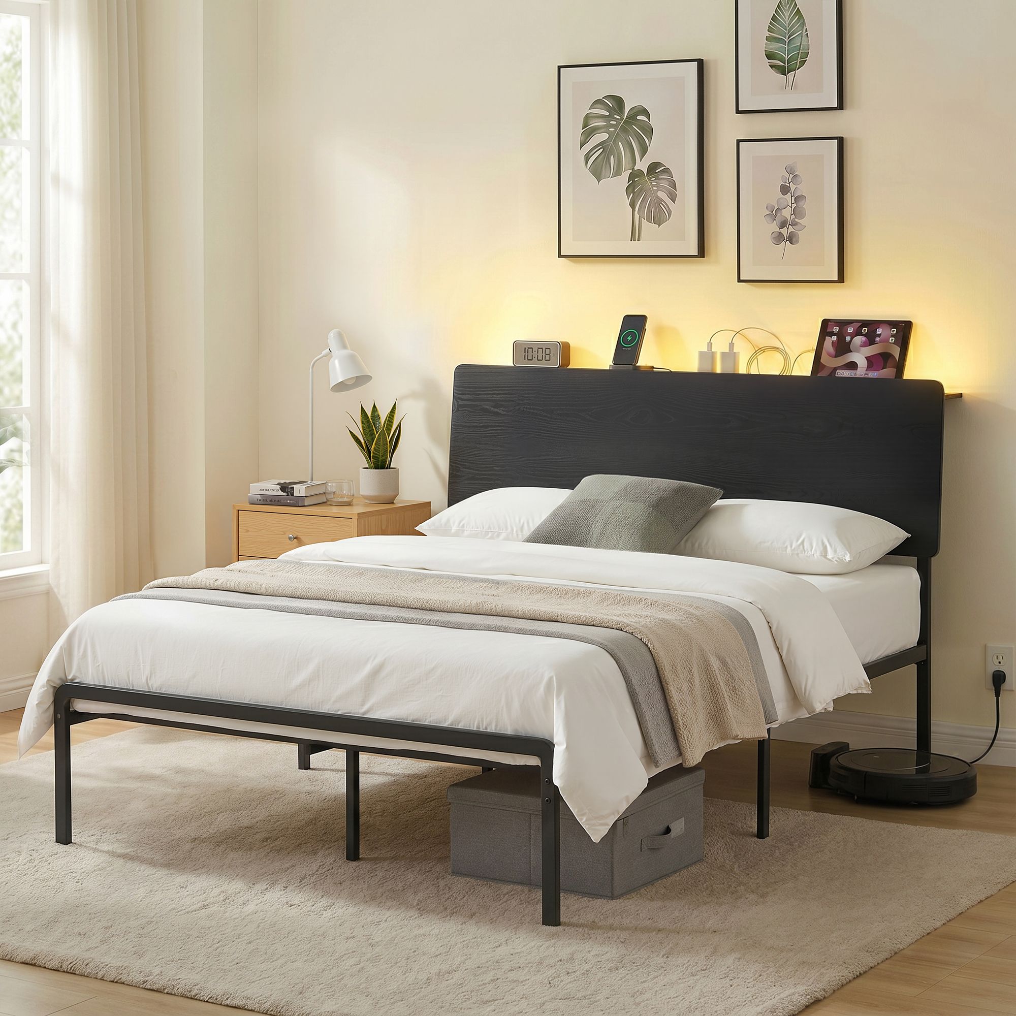 Bed Frame Queen Size LED Metal Bed Base with Charging Station LAN - Furniture > Bedroom > Beds & Bed Frames - Rivercity House & Home Co. (ABN 18 642 972 209) - Affordable Modern Furniture Australia