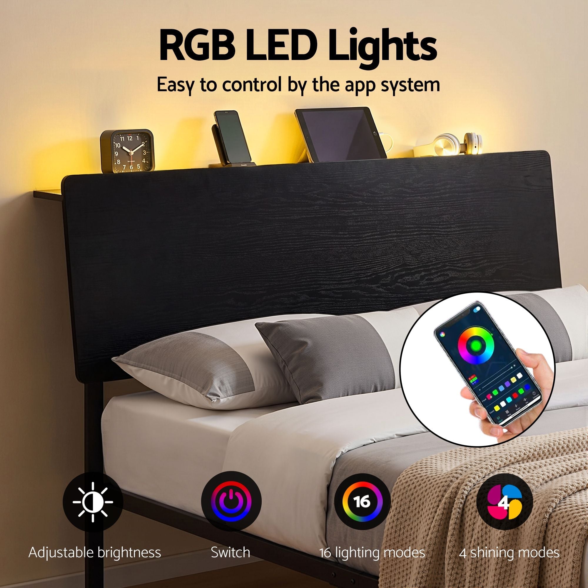 Bed Frame Queen Size LED Metal Bed Base with Charging Station LAN - Furniture > Bedroom > Beds & Bed Frames - Rivercity House & Home Co. (ABN 18 642 972 209) - Affordable Modern Furniture Australia