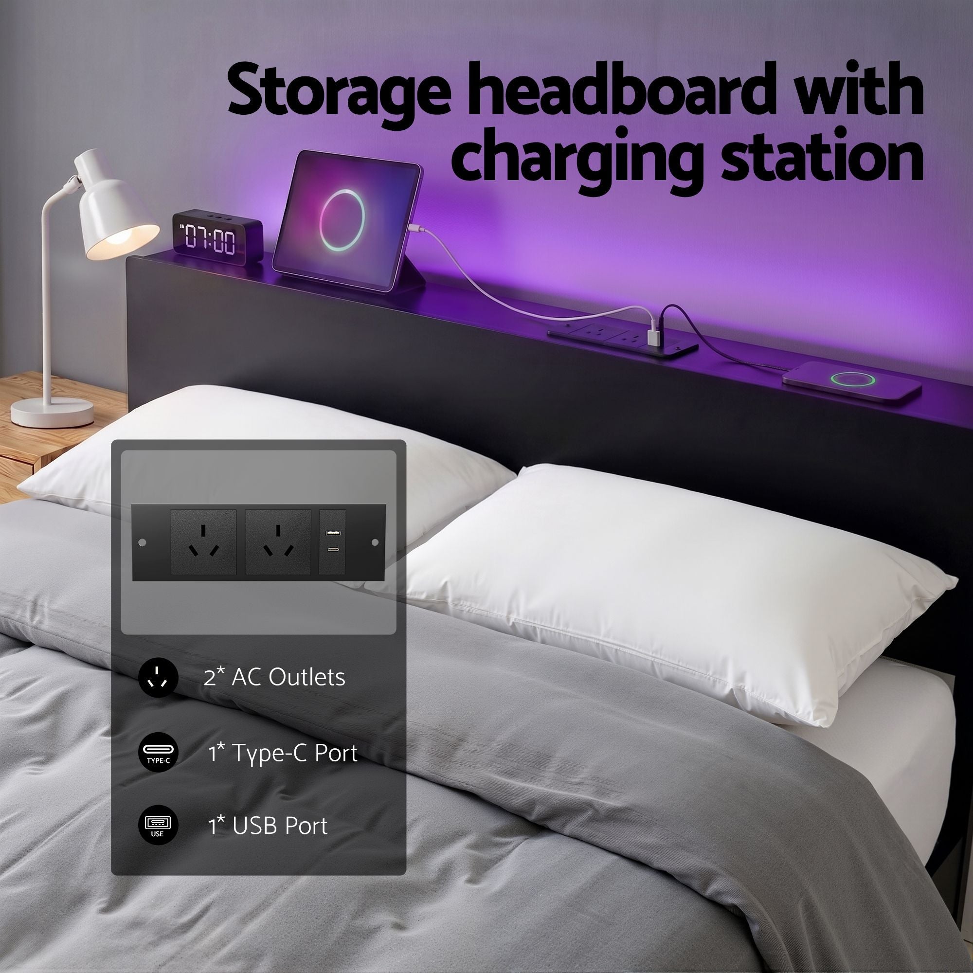 Bed Frame Queen Size LED Metal Bed Base with Charging Station LAN - Furniture > Bedroom > Beds & Bed Frames - Rivercity House & Home Co. (ABN 18 642 972 209) - Affordable Modern Furniture Australia