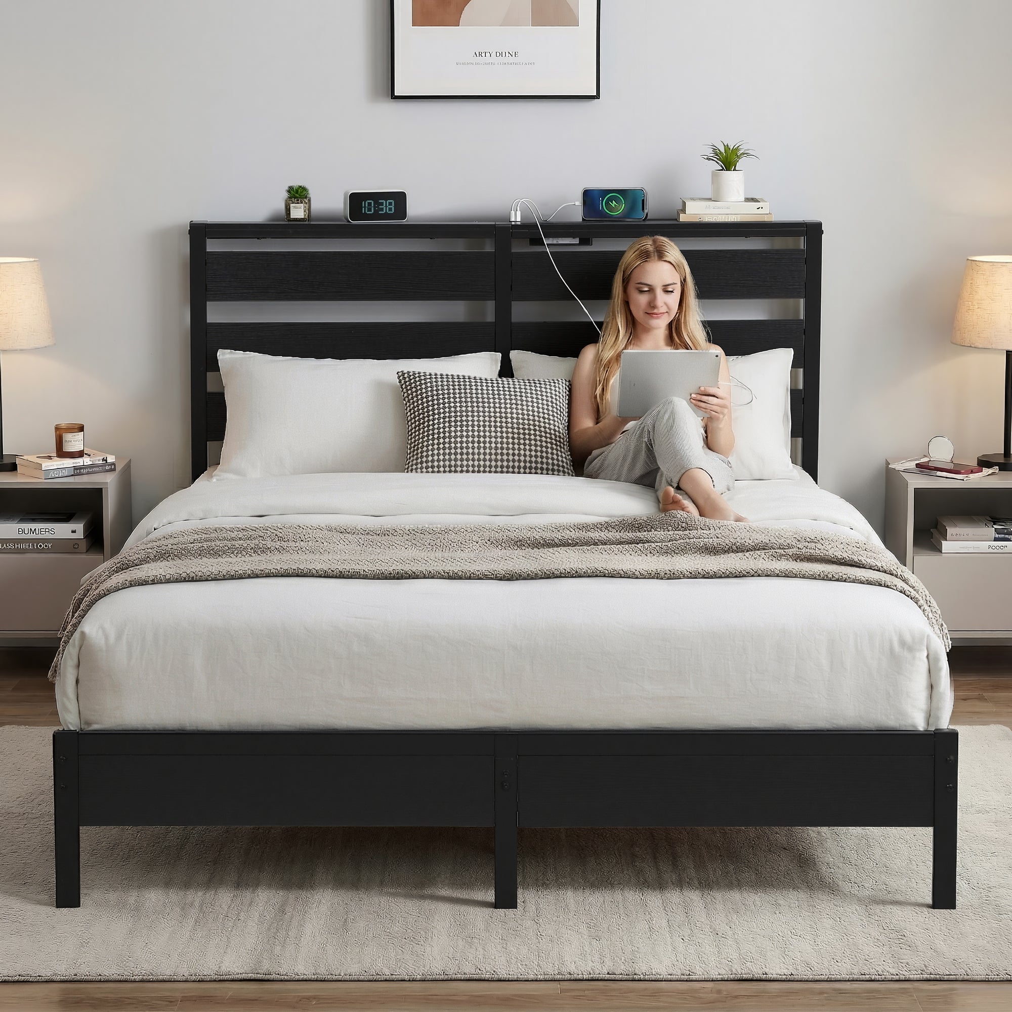 Bed Frame Queen Size LED Metal Bed Base with Charging Station - Furniture > Bedroom > Beds & Bed Frames - Rivercity House & Home Co. (ABN 18 642 972 209) - Affordable Modern Furniture Australia