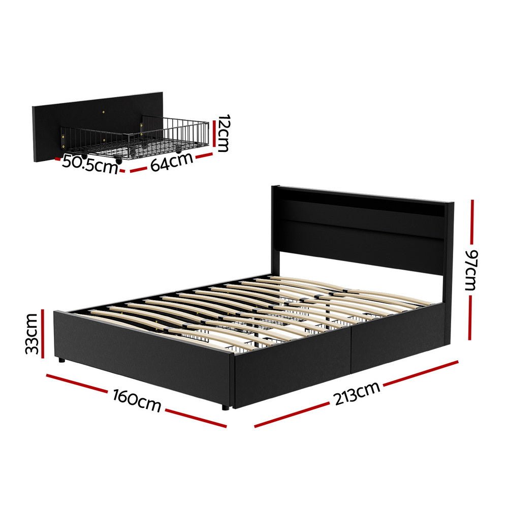 Bed Frame Queen Size LED with 4 Drawers Black DUNN - Furniture > Bedroom > Beds & Bed Frames - Rivercity House & Home Co. (ABN 18 642 972 209) - Affordable Modern Furniture Australia