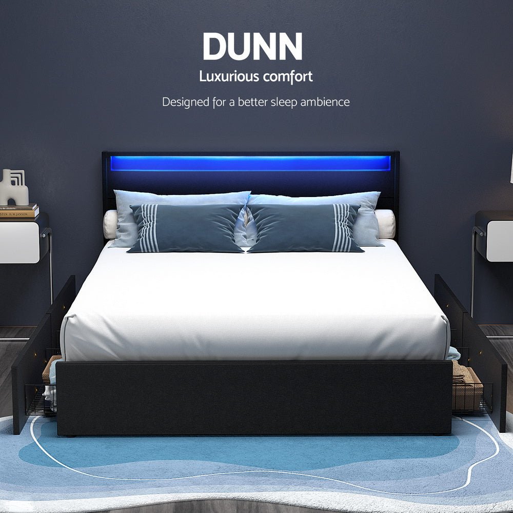 Bed Frame Queen Size LED with 4 Drawers Black DUNN - Furniture > Bedroom > Beds & Bed Frames - Rivercity House & Home Co. (ABN 18 642 972 209) - Affordable Modern Furniture Australia
