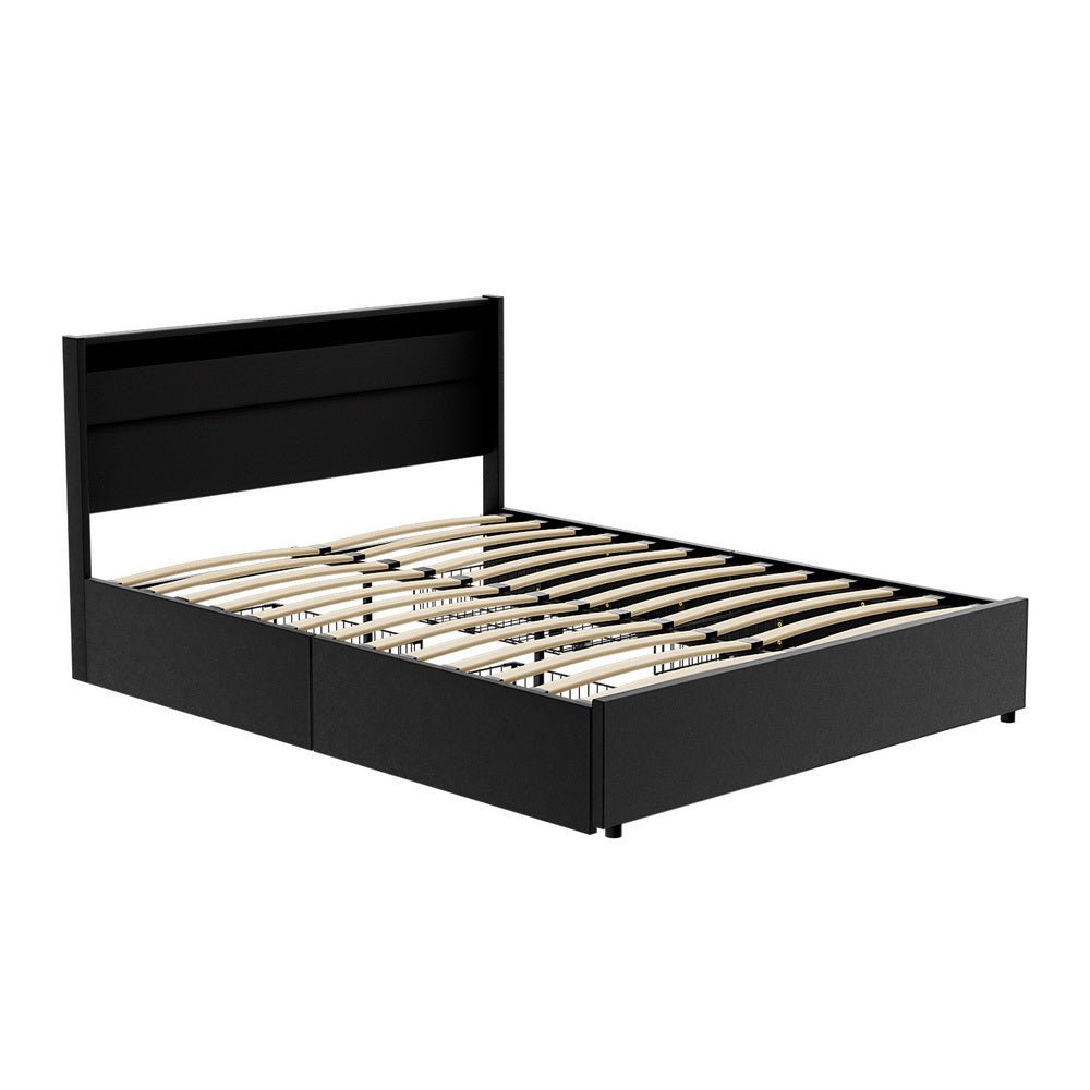 Bed Frame Queen Size LED with 4 Drawers Black DUNN - Furniture > Bedroom > Beds & Bed Frames - Rivercity House & Home Co. (ABN 18 642 972 209) - Affordable Modern Furniture Australia