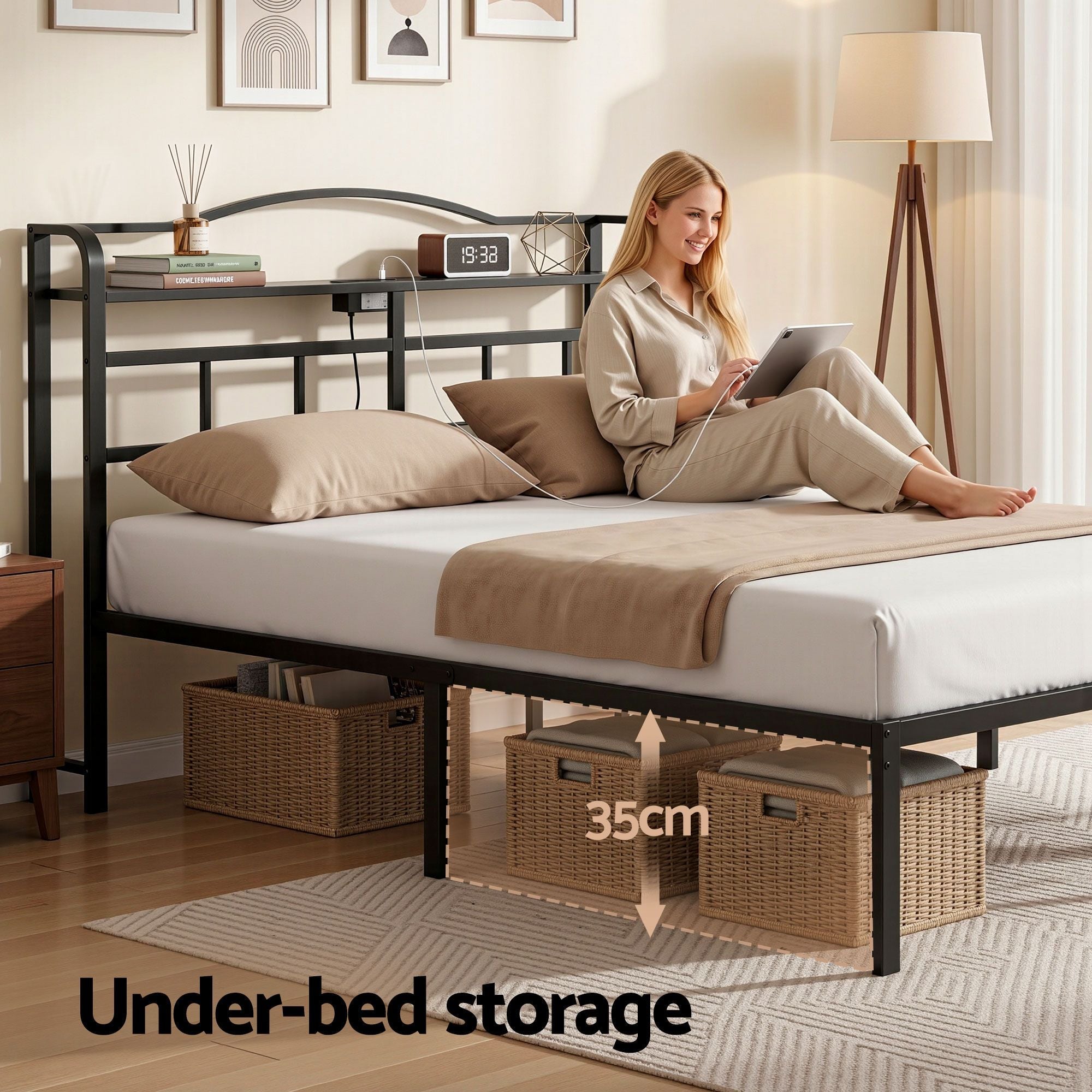 Bed Frame Queen Size with Charging Station WAVE - Furniture > Bedroom > Beds & Bed Frames - Rivercity House & Home Co. (ABN 18 642 972 209) - Affordable Modern Furniture Australia