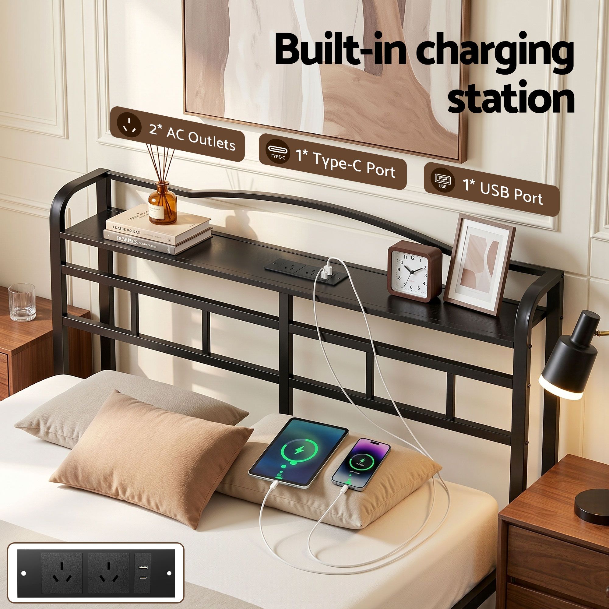 Bed Frame Queen Size with Charging Station WAVE - Furniture > Bedroom > Beds & Bed Frames - Rivercity House & Home Co. (ABN 18 642 972 209) - Affordable Modern Furniture Australia