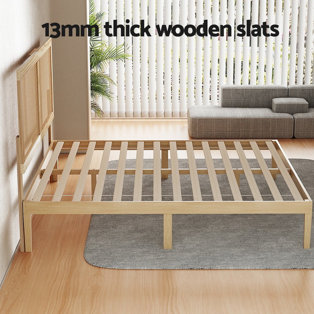 Bed Frame Queen Size with Rattan Headboard Wooden Bed Base BRUNO - Furniture > Bedroom > Beds & Bed Frames - Rivercity House & Home Co. (ABN 18 642 972 209) - Affordable Modern Furniture Australia