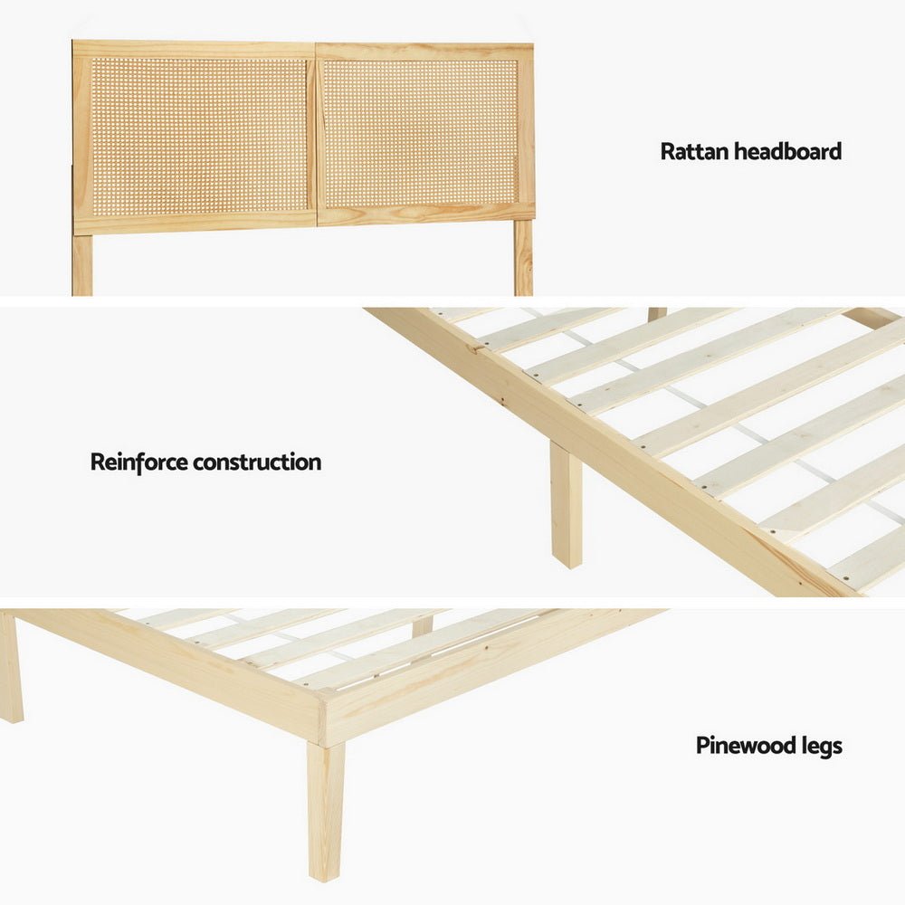 Bed Frame Queen Size with Rattan Headboard Wooden Bed Base BRUNO - Furniture > Bedroom > Beds & Bed Frames - Rivercity House & Home Co. (ABN 18 642 972 209) - Affordable Modern Furniture Australia