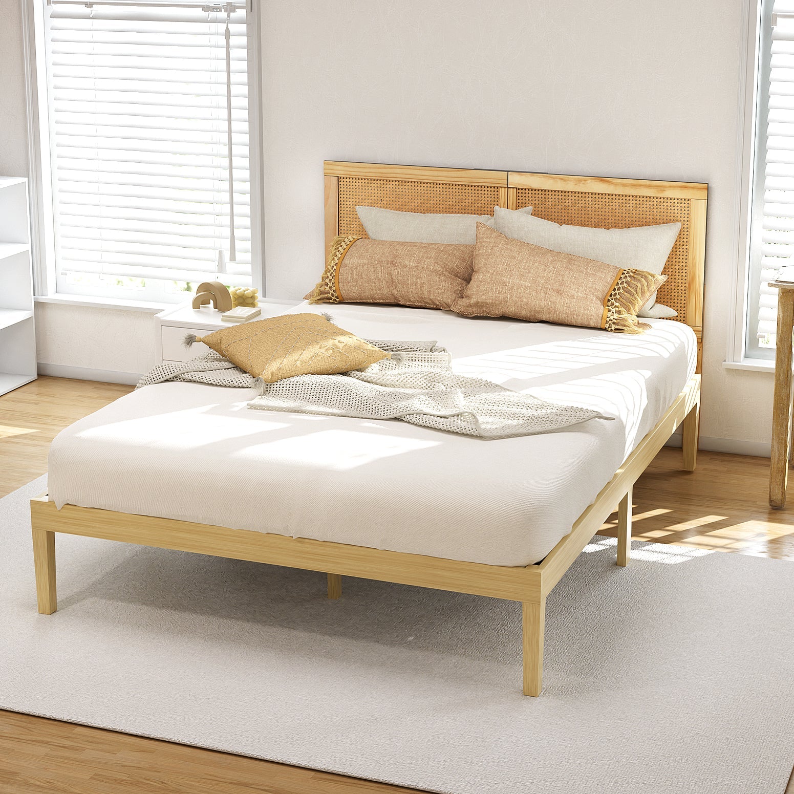 Bed Frame Queen Size with Rattan Headboard Wooden Bed Base BRUNO - Furniture > Bedroom > Beds & Bed Frames - Rivercity House & Home Co. (ABN 18 642 972 209) - Affordable Modern Furniture Australia