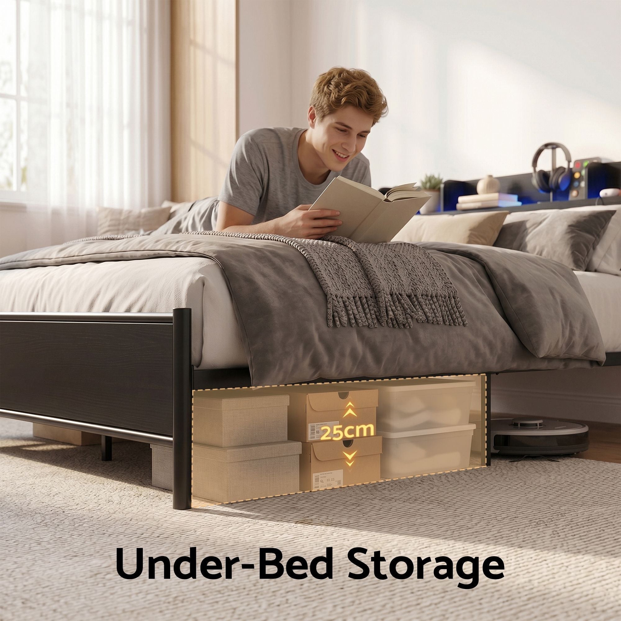 Bed Frame Queen Size with Storage Shelf Headboard Charging Station GRID - Furniture > Bedroom > Beds & Bed Frames - Rivercity House & Home Co. (ABN 18 642 972 209) - Affordable Modern Furniture Australia