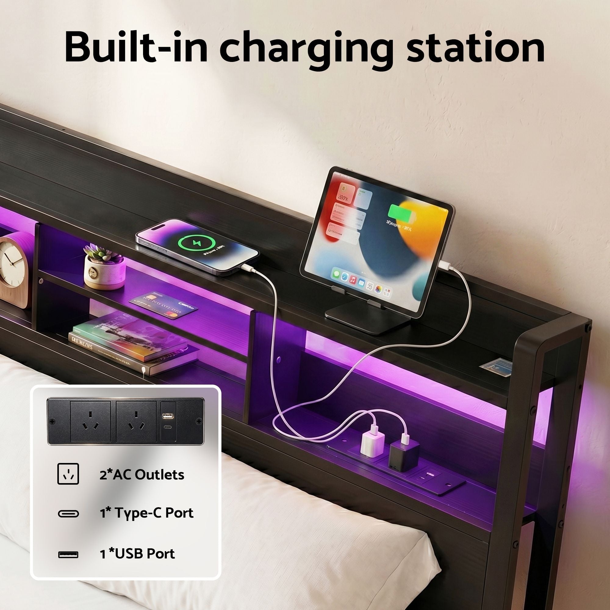 Bed Frame Queen with Charging Station Storage Organizer Drawers LED ZAC - Furniture > Bedroom > Beds & Bed Frames - Rivercity House & Home Co. (ABN 18 642 972 209) - Affordable Modern Furniture Australia