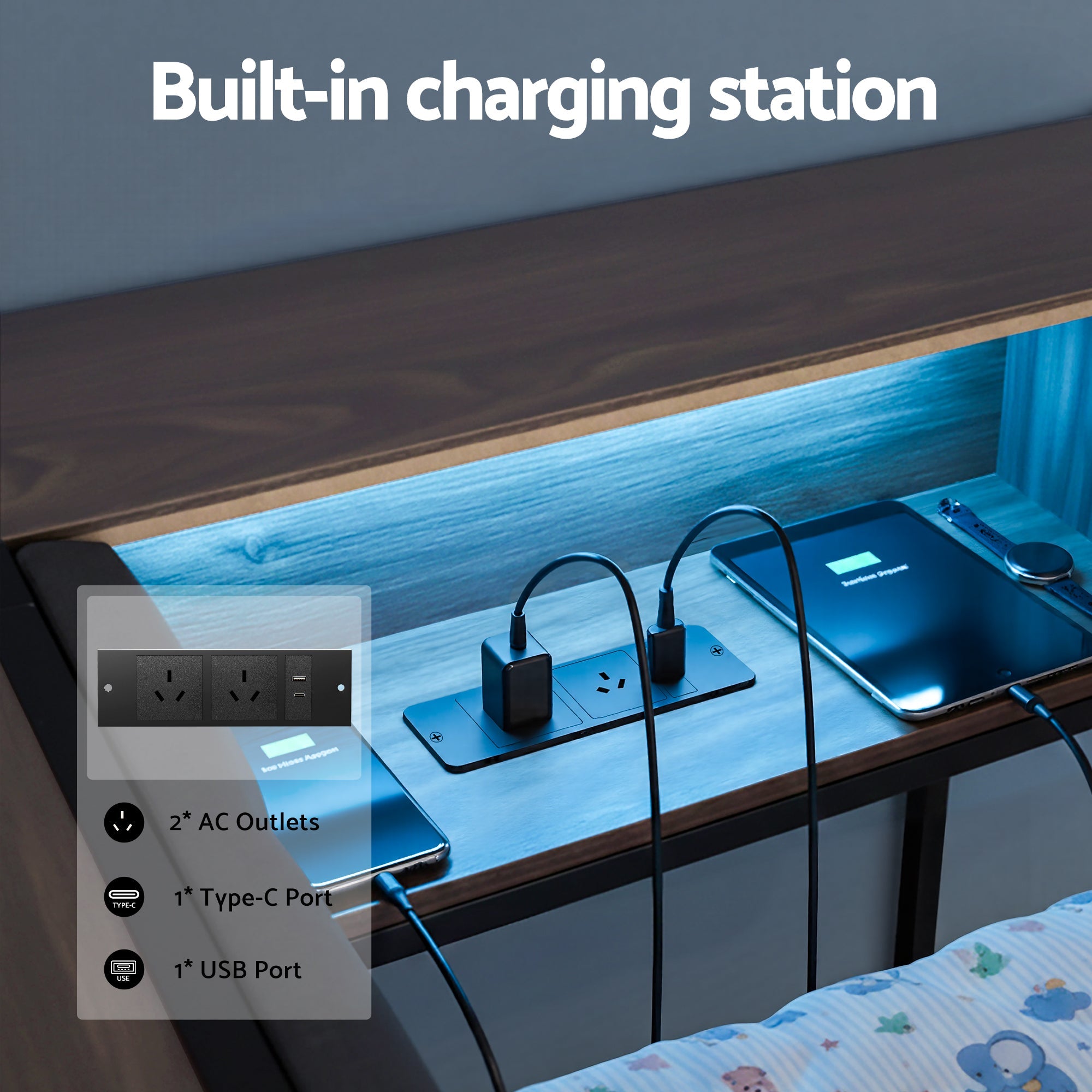 Bed Frame Single Size with 2 Drawers and Charging Station Metal Corner Bed Base - Furniture > Bedroom > Beds & Bed Frames - Rivercity House & Home Co. (ABN 18 642 972 209) - Affordable Modern Furniture Australia