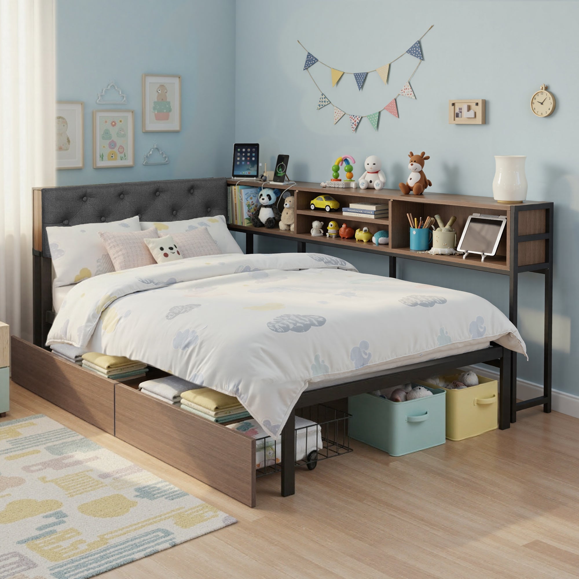 Bed Frame Single Size with 2 Drawers and Charging Station Metal Corner Bed Base - Furniture > Bedroom > Beds & Bed Frames - Rivercity House & Home Co. (ABN 18 642 972 209) - Affordable Modern Furniture Australia