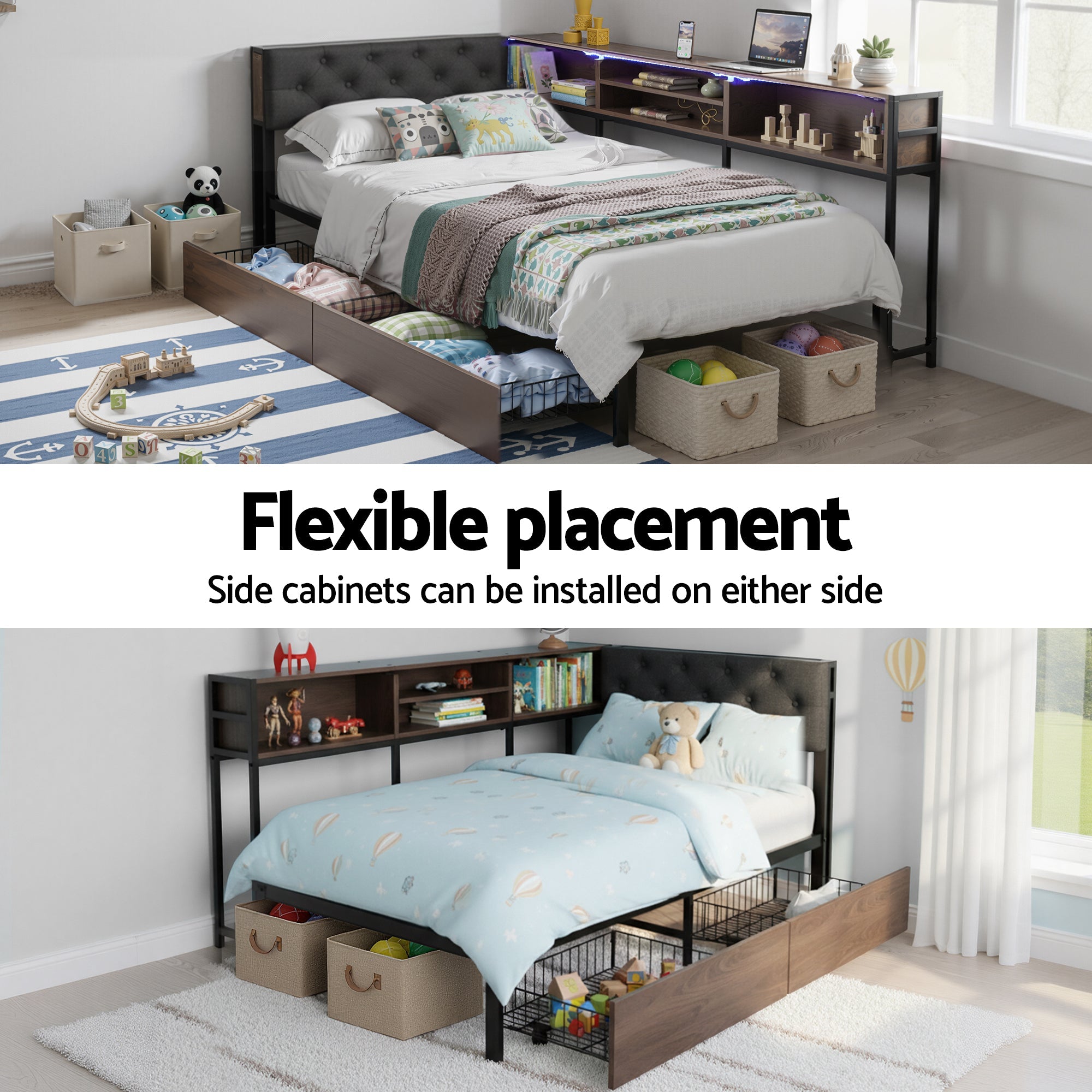 Bed Frame Single Size with 2 Drawers and Charging Station Metal Corner Bed Base - Furniture > Bedroom > Beds & Bed Frames - Rivercity House & Home Co. (ABN 18 642 972 209) - Affordable Modern Furniture Australia