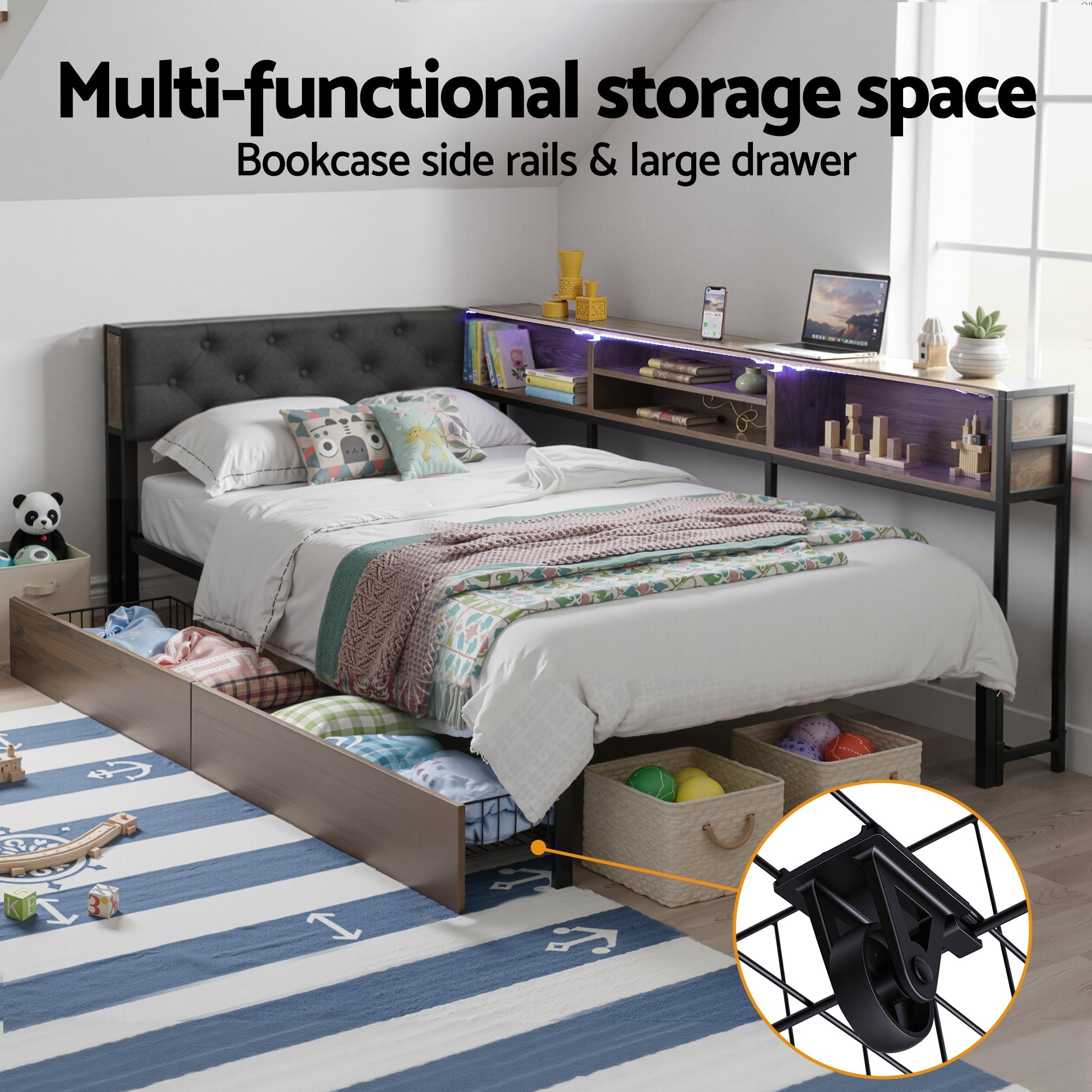 Bed Frame Single Size with 2 Drawers and Charging Station Metal Corner Bed Base - Furniture > Bedroom > Beds & Bed Frames - Rivercity House & Home Co. (ABN 18 642 972 209) - Affordable Modern Furniture Australia
