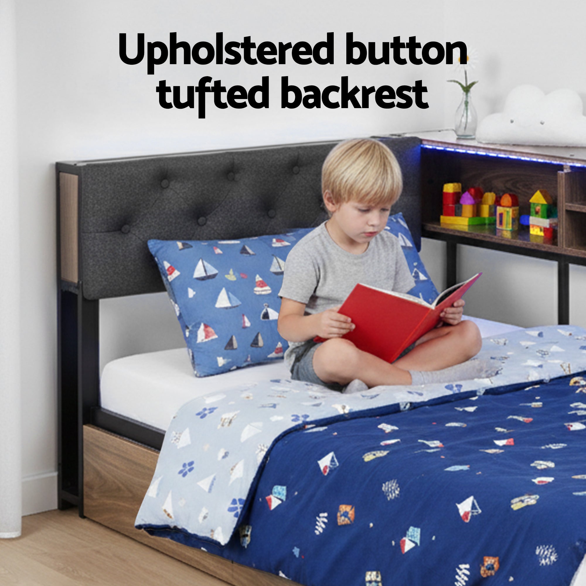 Bed Frame Single Size with 2 Drawers and Charging Station Metal Corner Bed Base - Furniture > Bedroom > Beds & Bed Frames - Rivercity House & Home Co. (ABN 18 642 972 209) - Affordable Modern Furniture Australia